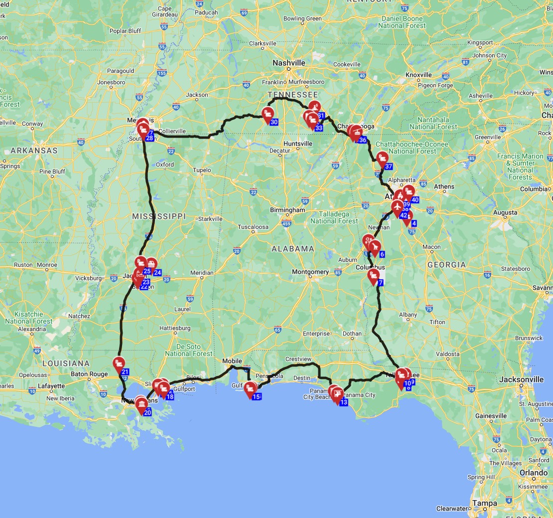 USA Motorhome trip route out of Atlanta heading South West: 2 weeks itinerary